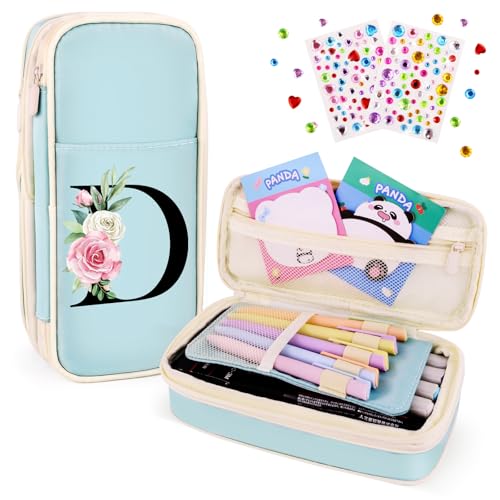 Image of Preppy Pencil Case for Girls, Cute Large Pencil Pouch, Personalized Initial Pencil Bag with Zipper for School College Office Supplies, Back to School Supplies Gifts for Teen Girls (D, Blue)