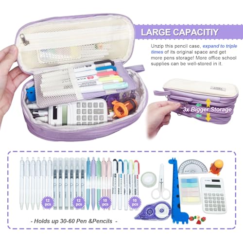 Image of Pencil Case Large Capacity Pouch Bag with Zippers, Expandable Pen Bag Storage Holds 50-100 Pencils, Colors Pencil Box Organizer Case Office School Supplies for Girls Boys Adults(Purple)