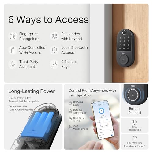Locks Tapo Smart Wi-Fi Door Lock, Deadbolt | Keyless Entry, Fingerprint Recognition, Touchscreen Keypad & in-App Monitoring with Scheduled Access|1-Year Rechargeable Battery | BHMA Grade 2 | DL110 SmartThings Compatible Locks Tapo Smart Wi-Fi Door Lock, Deadbolt | Keyless Entry, Fingerprint Recognition, Touchscreen Keypad & in-App Monitoring with Scheduled Access|1-Year Rechargeable Battery | BHMA Grade 2 | DL110 SmartThings Compatible