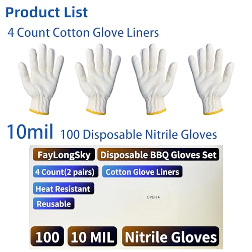Image of BBQ Gloves Disposable Heat Resistant - 4 Reusable Cotton Liners & 100 Nitrile Gloves for Barbecue Smoker, Grilling, Cooking Hot Meat, Food Prep - 10Mil, Non-Slip Grip, Black X-Large