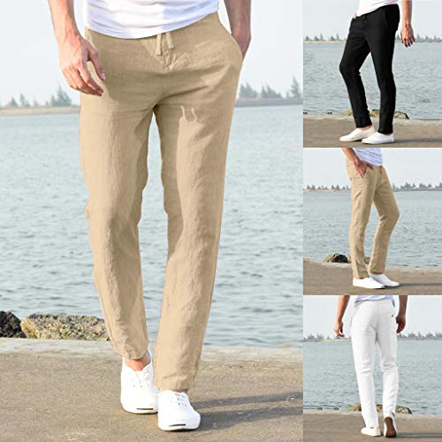 Mens Casual Cotton Linen Pants Beach Summer Elastic Waist Drawstring Pants Lightweight Linen Trousers3