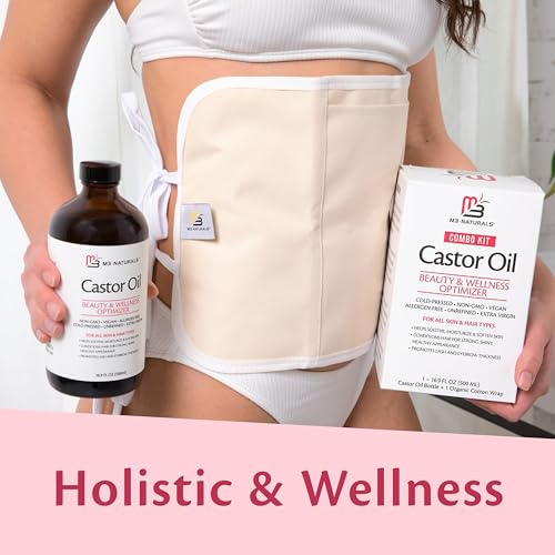 Image of Pure Castor Oil Pack Kit Hexane-Free w / Reusable Organic Cotton Wrap by M3 | Cold-Pressed Castor Oil in Glass Bottle with Adjustable Wrap for Wellness, 1 of Each