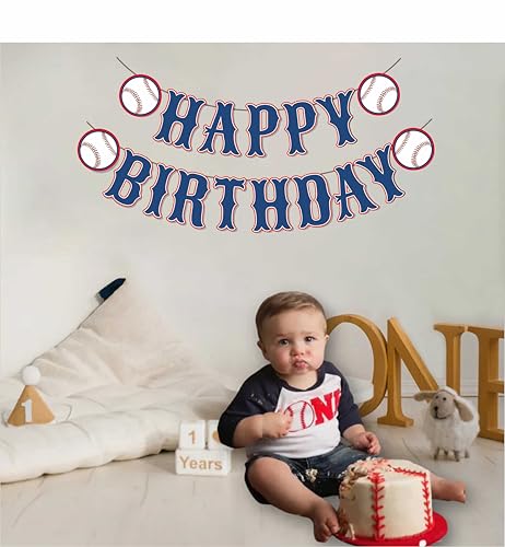 Image of OZCZKZZ Happy Birthday Banner Baseball,Navy Blue,Baseball Birthday Party Decorations