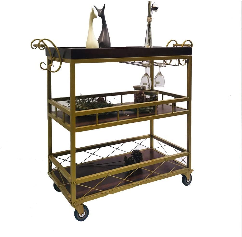 GRDDBZA Bar Serving Carts Business Restaurant Wine Cart, Rolling Cart Kitchen Trolleys Industrial Desk Storage Carts Tool Trolley Catering Trolleys BBQ Car Wine Rack Retro Design 3 Tiers(Brass)