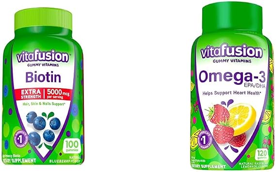 Vitafusion Extra Strength Biotin Gummy Vitamins, Berry Flavored, 5,000 mcg Biotin Vitamins, America & Omega-3 Gummy Vitamins, Berry Lemonade Flavored, Heart Health Vitamins1