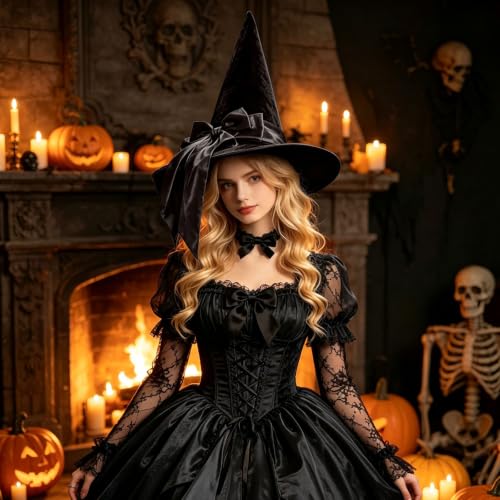 Halloween Pointed Witch Hat Gothic Ruffled Lace Trim Wide Brim Wizard Cap - image 2