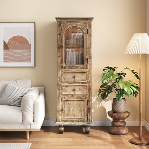 Image of LKTART 60 inch Tall Solid Wood Kitchen Pantry Storage Cabinet with Drawers | Solid Wood Frame;Farmhouse /French Country Narrow Corner Glass Display Cabinet;Narrow Storage Cabinet;Tall Accent Cabinet