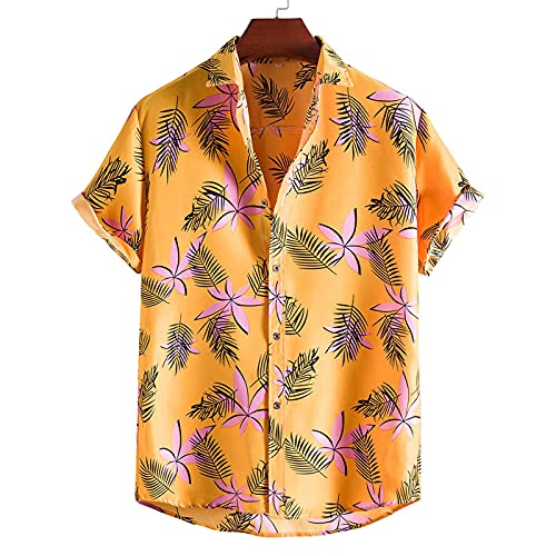 Floral Hawaiian Shirts for Men Striped Leaf Printed Short Sleeve Button Down Beach Turndown Collar Summer Tee Top Blouse