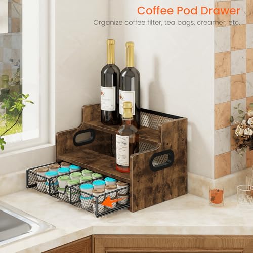 Image of Homode Coffee Syrup Rack Organizer, 3-Tier 8 Bottles Syrup Holder Stand with 35 K Cup Storage Basket Drawer for Coffee Bar, Wood Liquor Shelf Wine Rack Countertop for Home, Rustic Brown