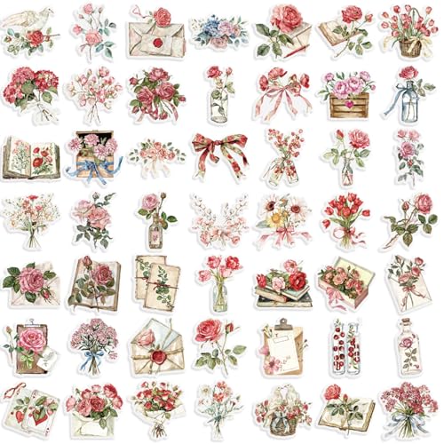 Image of Aesthetic Flowers Stickers Transparent Flora Scrapbook Stickers(Pin) | Transparent & Waterproof Sticker for Scrapbook Journal Water Bottle Kindle, DIY Crafts, Party Supplies