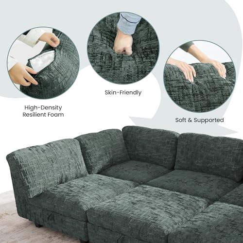 Image of 128 inch Modular Sectional Chenille Sofa bed with Hidden Storage, Comfy Modern 8 Seater Oversized Deep Seat Couch, Modular Sectional with Ottoman and Removable Cover for Living Room, Apartment, Green