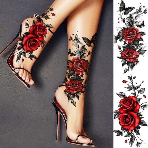 Image of Bilizar 12 Sheets 3D Floral Red Rose Temporary Tattoos For Women Adults Arm Leg Foot Tattoo Sticker, Realistic Feather Phoenix Plum Blossom Fake Tattoos Flower Body Art Waterproof Long Lasting Tatoos