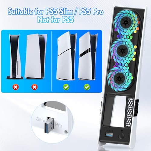 Image of HUIJUTCHEN RGB Cooling Fan for PS5 Slim & PS5 Pro - 3 Modes (Low /High /Auto-Speed), Triple Turbo Fans with Colorful LED, USB 3.0 Port Compatible with PlayStation 5 Slim & Pro (Not for PS5)