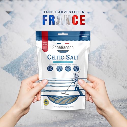 Seba Garden Keltisches Meersalz grau, 1 kg zertifizierter organischer wiederverschließbarer Beutel mit grauem Meersalz, handgeerntet, enthält über 82 essentielle Mineralien (1 kg, Original)