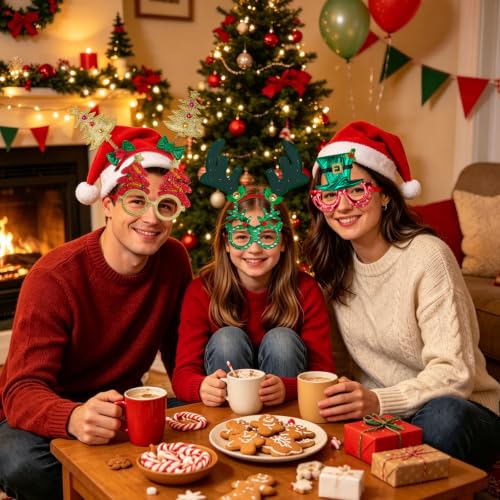 Image of fiintrwa Christmas Headband Beads Necklace Hair Hoop Eyewear Eyeglass Santa Hat Photo Props for Xmas Party Decoration Supplie
