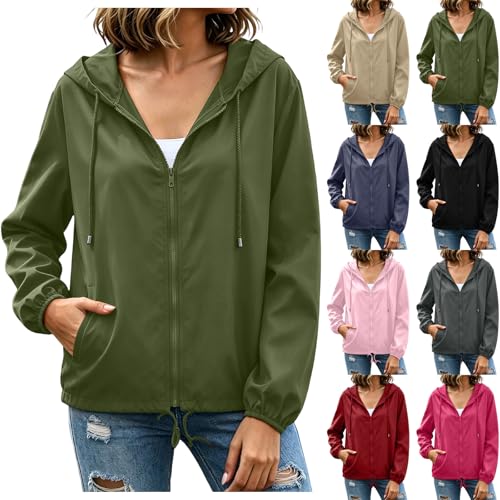 BUERCWS Women's Waterproof Raincoat Lightweight Hooded Rain Jacket Drawstring Windbreaker with Pockets for Outdoor womens rain jacket with hood Army Green S