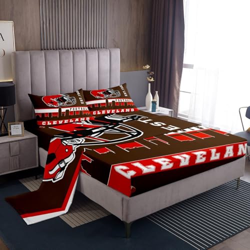 Erosebridal Football City Bed Sheets Set Twin American Football Sheet Set for Boys Girls Brown Red Rugby Game Sheets Football Fans Bedroom Decor Sports Ball Team Flat Fitted Sheet(Cleveland)