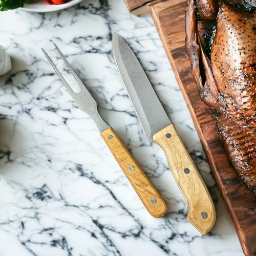 Foto von com-four® 2 teiliges Tranchierbesteck-Set - Grill-Besteck aus rostfreiem Edelstahl mit Holzgriff - Fleischmesser und Fleischgabel - Bratengabel (2 tlg. Tranchier Set - Holz)