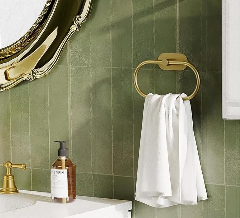 Oslen Self Adhesive Towel Holder for Bathroom Gold Finish No Drill Hand Towel Ring Stainless Steel and Zinc Alloy Self Adhesive Towel Hanger for Bath, Kitchen