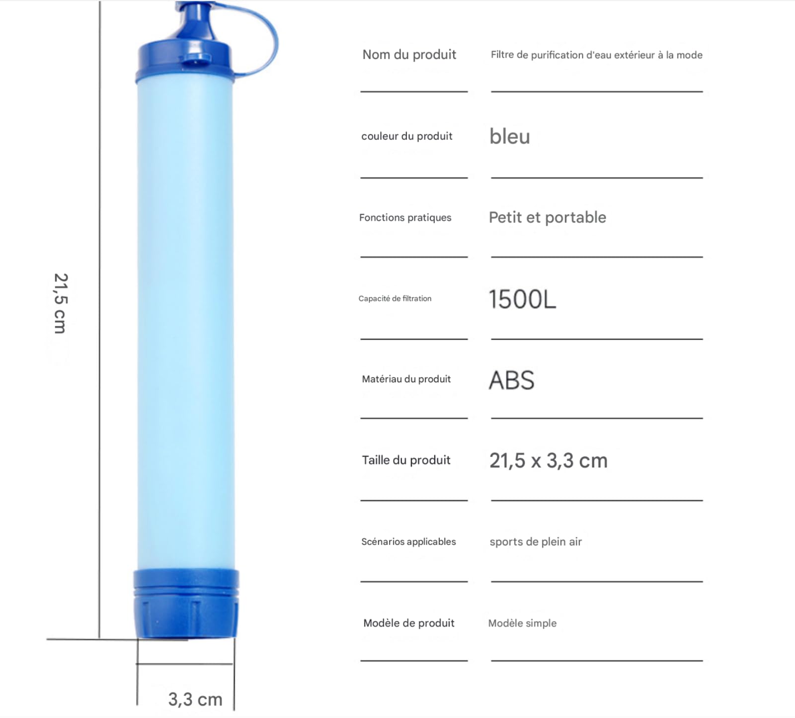 Purificatore d'acqua portatile, filtra efficacemente impurità e acque reflue fino a 0,001 mm, filtro dell'acqua multifunzionale per sopravvivenza in natura e trekking (1500 L)