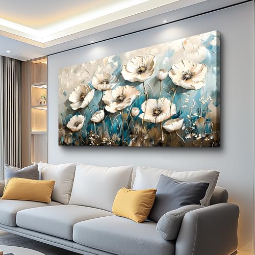 KELIYUAN Large Wall Decor Canvas Painting Wall Art For Living Room Decor White Flowers Picture Room Wall Decoration Artwork For Dining Room Bedroom Bathroom Kitchen Print For Home Decor 24x48 In
