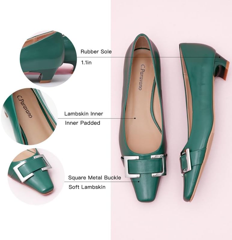 C.Paravano Metal Buckle Square Toe Low Block Heels Closed Toe Chunky Heels 1.1 in Low Heel Pumps Vintage Women's Pump for Party Wear Dress Pumps Shoes Soft Lambskin(Green,5.5) - Image 4