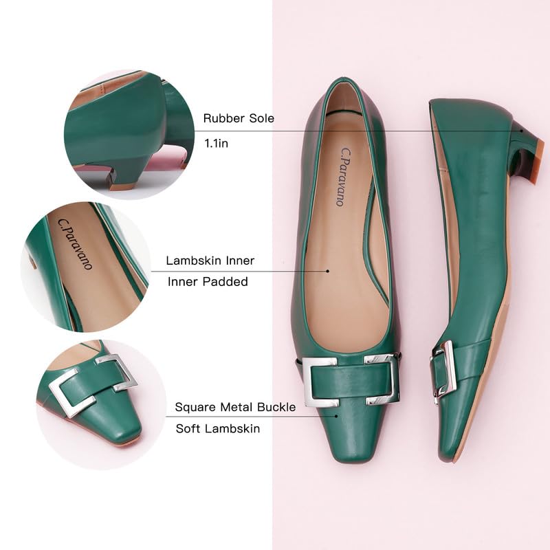 C.Paravano Metal Buckle Square Toe Low Block Heels Closed Toe Chunky Heels 1.1 in Low Heel Pumps Vintage Women's Pump for Party Wear Dress Pumps Shoes Soft Lambskin(Green,5.5)4