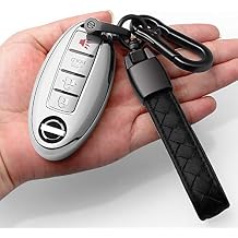 Compatible with Nissan Key Fob Cover with Leather Keychain Soft TPU 360 Degree Protection Key Shell Case for Altima Maxima Rogue Armada Pathfinder Smart Key 3 4 5-Button,Silver...
