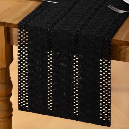 Image of MLMC Black Boho Table Runner Farmhouse Macrame Woven Table Runner 60 inch Long Rustic Centerpieces Table Decoration for Kitchen Dinning Wedding Events 12x60 Inch