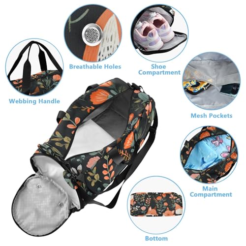 Kids Sports Duffel Bag for Boys & Girls - Cartoon Fox Flowers 100% Polyester Gym Bag with Separate Shoe Compartment, Adjustable Shoulder Strap, Compact Travel & Workout Gear Bag4