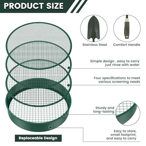 OROMYO 4 in 1 Gartensieb Rund 30 cm Kompostsieb Edelstahl mit 4 Austauschbaren Siebeinsätzen und Gartenschaufel Gartensieb Durchwurfsieb für Erde Kompost Saatgut Sand