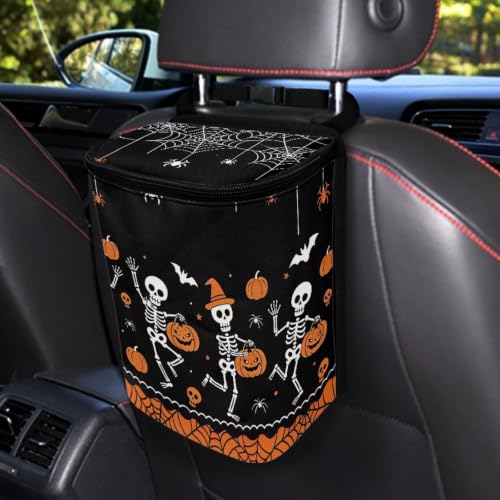 Image of Talayituse Skeleton Pumpkin Bat Print Car Trash Can Portable Auto Garbage Bin Multifunctional Vehicle Interior Accessories with Adjustable Straps Universal Fit Truck SUV Sedan Halloween Decor