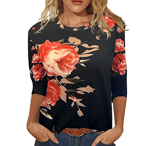 JomeDesign Womens Summer Tops 3/4 Sleeve Shirts Round Neck Loose Casual Blouses Floral Print Tshirts