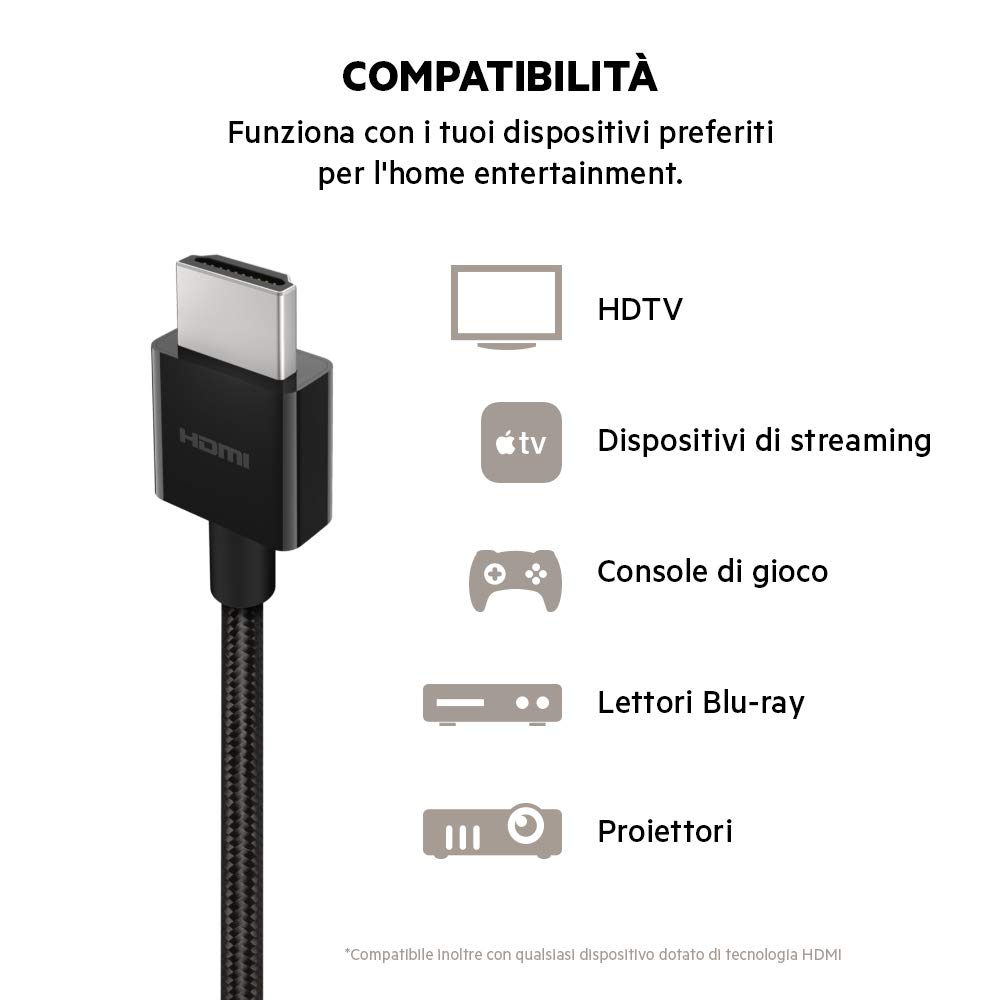 Belkin Cavo HDMI ad Alta Velocità Ultra HD (2018), 4K da 2 metri, Supporto 4K/120 Hz e 8K/60 Hz e Dolby Vision/HDR 10, 48 Gbps