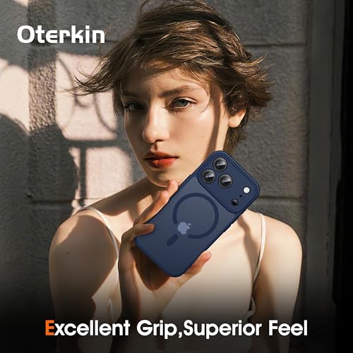 Image of Oterkin Magnetic for iPhone 17 Pro Max Case Matte, Full Camera Protection Compatible with MagSafe Frosted Translucent Shockproof Anti-Scratch Slim Fit Case Military Grade Protection (Dark Blue)