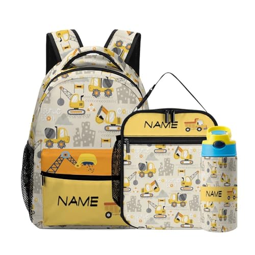 Custom Truck Car 3 Piece Backpack Set Add Name Personalized School Bag with Lunch Bag Kid Water Bottle Customization Bookbag for Students Back to School
