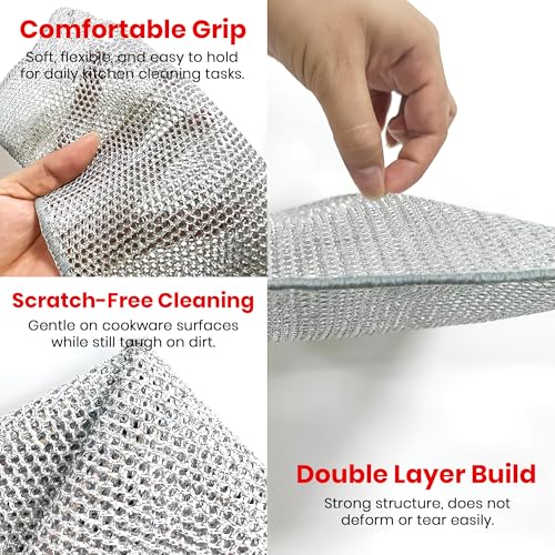 Image of Prime Pick 10 Pack Double Layered Non-Scratch Wire Dishcloth | Steel Scrubber for Utensils, Multipurpose Wet & Dry Cleaning Cloth Scrubber for Dishes, Sinks | Non Abrasive Stainless Steel Mesh Sponge