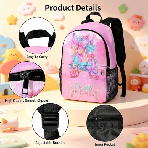 Image of Custom Kids Backpack for Girls Toddler Backpacks Back to School Bookbag Set | Kid Personalized Backpack with Lunch Bag Girl Kindergarten Elementary Preschool Daypack Birthday Gifts Flower Butterfly Pink