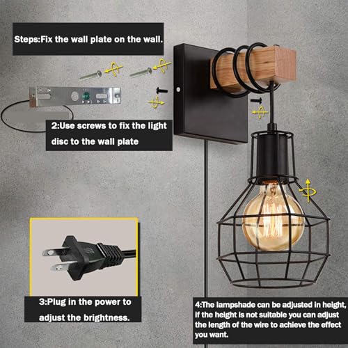 Lámpara de pared con enchufe interruptor aplique vintage negro E27 cable 4