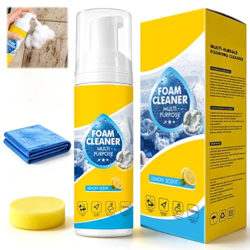 4-in-1 Multi-Enzyme Foam Cleaner 5oz/150ml All-Purpose Deep Cleaning Spray Powerful & Multipurpose Car Interior Foam Cleaners for Car Interior Kitchen Grease Bathroom Tiles (1PC+1*Sponge+Towel)