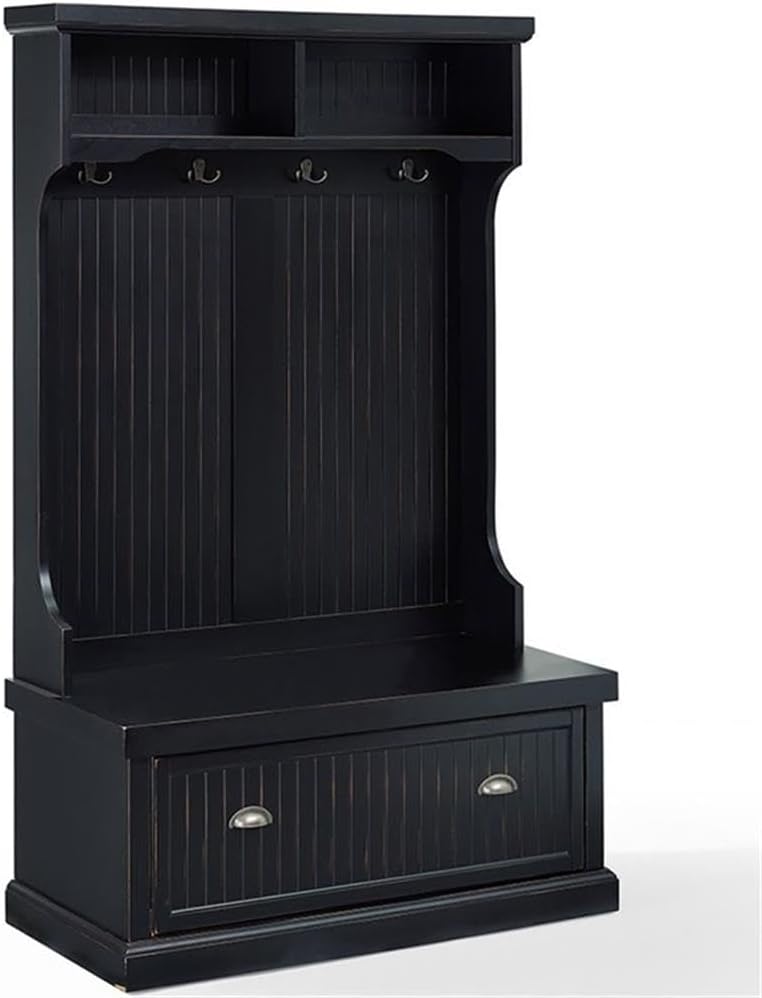 Pemberly Row Coastal Wood Hall Tree, Distressed Black Finish, 64.5" H x 40" W x 18.5" D, Storage Bench with Double Hooks, Slatted Back, Rustic Entryway Organizer for Coats, Hats, Shoes