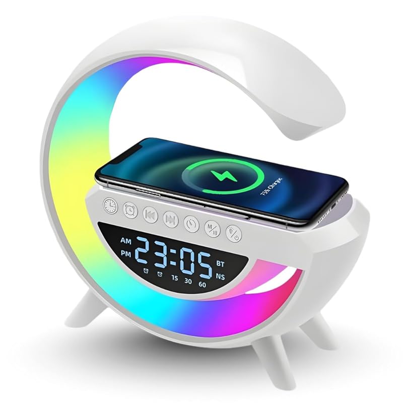 Image of Elevea 𝟏𝟓 𝐘𝐞𝐚𝐫𝐬 𝐆𝐮𝐚𝐫𝐚𝐧𝐭𝐞𝐞 wireless Bluetooth speaker with RGB lighting, USB SD playback, wireless phone charging dock, compact G-shaped design, perfect music charging combo for bedroom