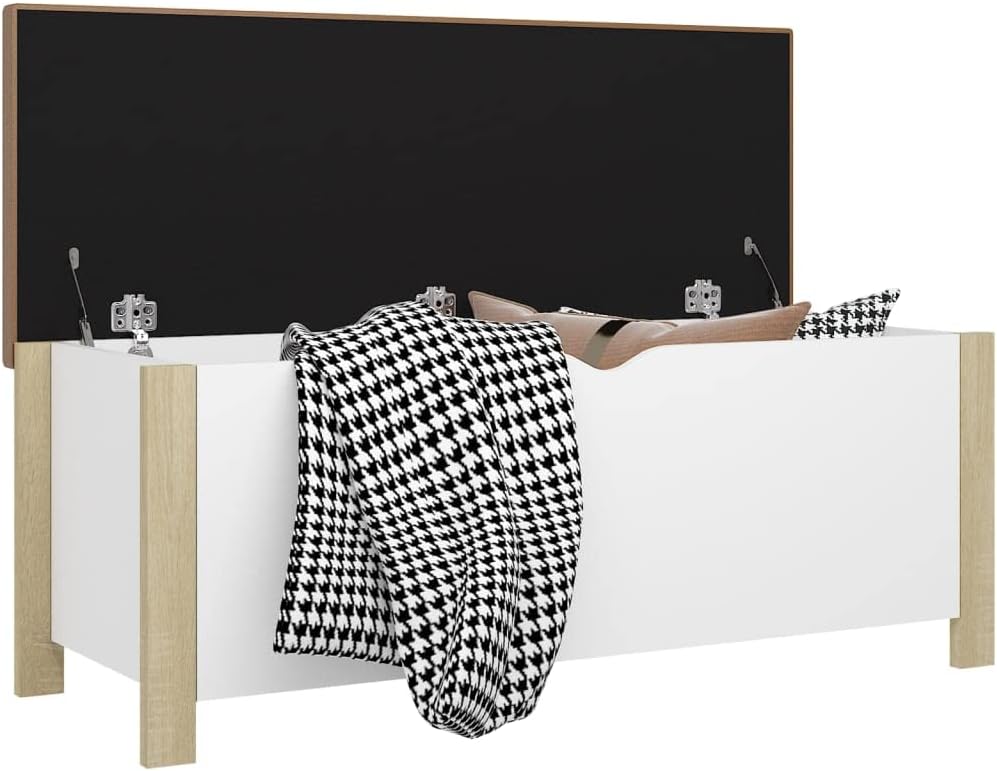 Storage Box White and Sonoma Oak Engineered Wood with Cushion 15.7 x 41.3 x 17.7 in Living Room Storage Chest with Lid Multifunctional Storage Furniture for Home Organization