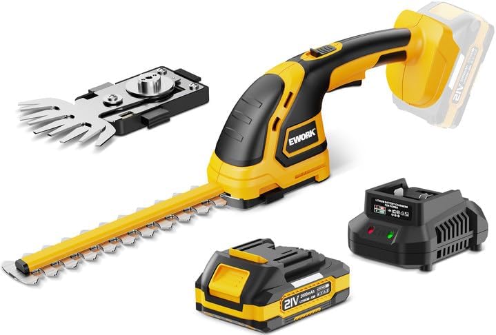 EWORK Cordless Hedge Trimmer - 21V Electric Hedge Trimmer Cordless Grass Shears Handheld Bush Trimmer - Small Grass Cutter Shrub Trimmer with Battery and Charger Included for Garden, Lawn, EK-02ALJ-Y