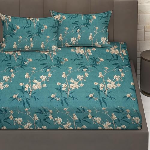 Image of IVAZA 240 TC Soft Ezyption Cotton Floral Print King Size Bedsheet - with 2 Pillow Covers, Hypoallergenic, Brethable, (Size- 90 x 90 Inch) | Light Green