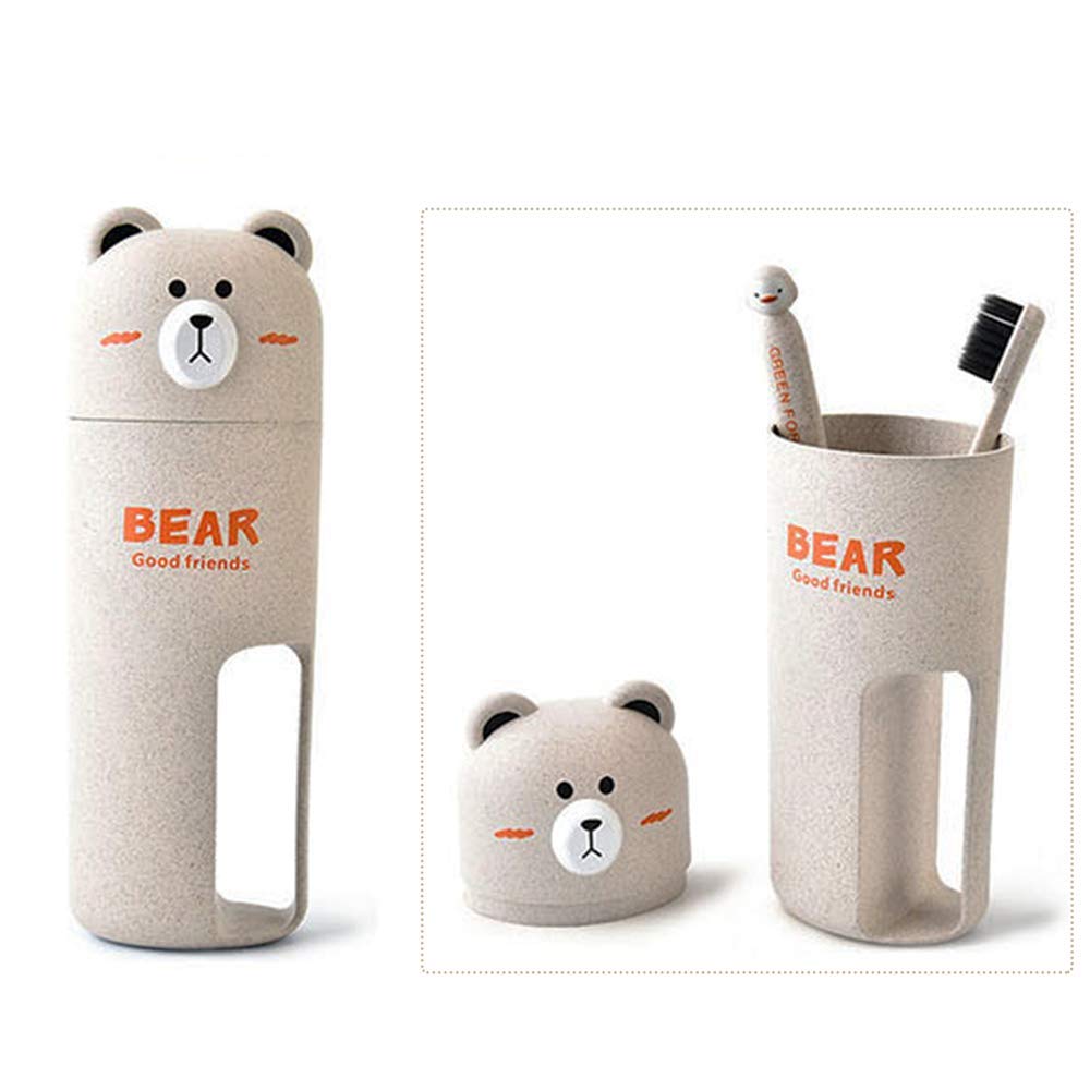 Whatuneed Beige Travel Toothbrush Holder And Toothbrush Set，Bear Portable Business Wash Cup Holder (Beige)