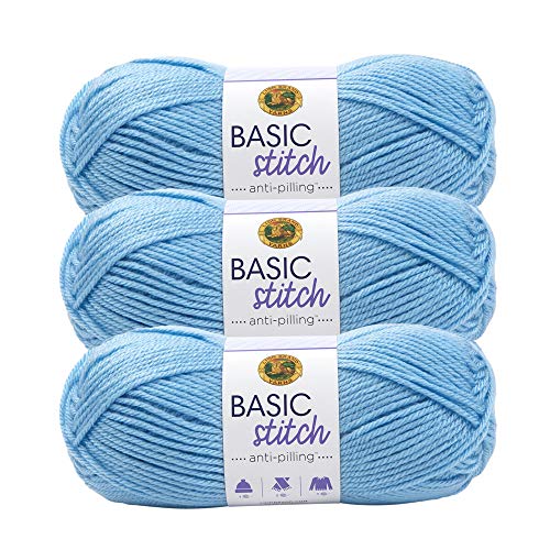 Lion Brand Yarn Basic Stitch Anti-Pilling Knitting Yarn, Yarn For Crocheting, 3-Pack, Baby Blue #TOP4