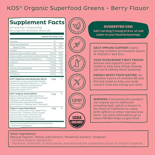 image for KOS Organic Superfood Greens Powder - Gut Health from Prebiotic Fiber,