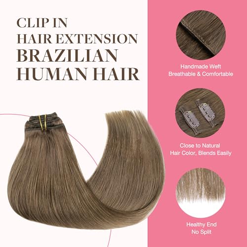 Image of GOO GOO Clip in Hair Extensions Real Human Hair, Remy Human Hair Extensions Clip ins for Women, Natural Human Hair, 16inch 150g 9Pcs, 5 Light Ash Brown