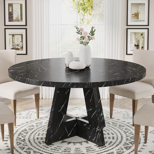 Image of Tribesigns 47 inch Round Dining Table Wood Kitchen Table for Dining Room, 47 inch Dinner Room Tables for 4-6, Farmhouse Accent Furniture with Wooden Tabletop and Cross Base, Marbled Wood
